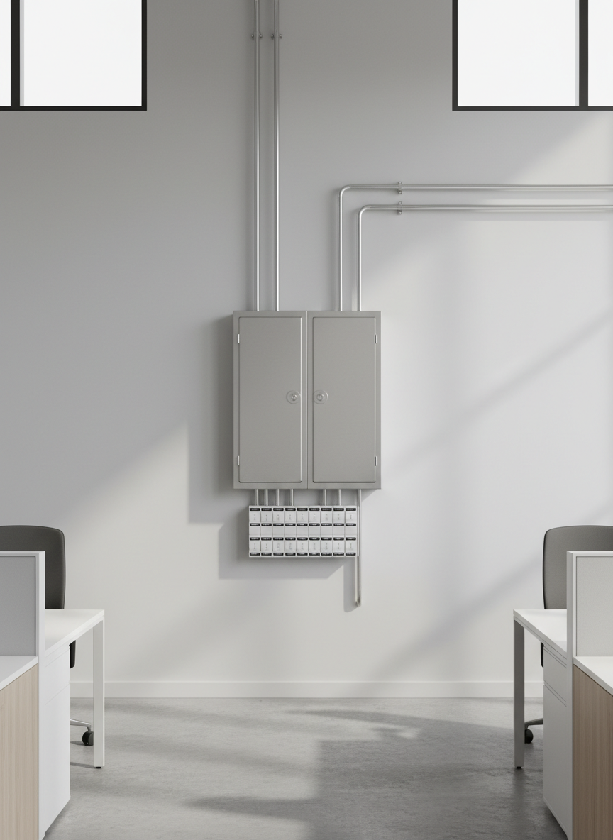 A sleek, modern electrical panel with pristine, brushed stainless steel doors and subtle matte finishes, meticulously installed on a smooth, light gray wall accented with clean conduit lines and perfectly labeled breaker switches. The setting is an immaculate commercial workspace designed with structured layouts and neutral tones, emphasizing order and efficiency. Soft, diffuse daylight fills the scene from high windows, creating gentle highlights across the metallic surfaces and refined shadows below the panel. The mood is professional and reassuring, embodying safety and reliability. Shot straight-on at eye-level with balanced, symmetrical composition and crisp focus across the frame, the image radiates a clean, corporate aesthetic with photographic realism, reinforcing a sense of precision and expertise in electrician services.