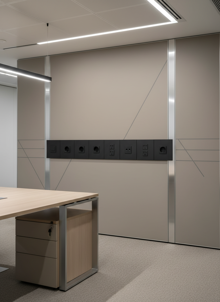 A sharply rendered, custom-fitted electrical socket panel installed in a modular office space, featuring matte black faceplates set flush against a taupe wall accented with minimal graphic lines and subtle chrome details. The workspace features neutral carpeting and crisp architectural lines, reinforcing an organized and functional environment. Gentle overhead LED lighting provides even illumination, revealing smooth gradients across the socket surfaces and casting sleek, minimal shadows. The overall mood is efficient and contemporary, highlighting both form and function. The shot is composed at a slightly elevated angle to emphasize the geometry and structured aesthetic, evoking photographic realism and a refined corporate atmosphere.