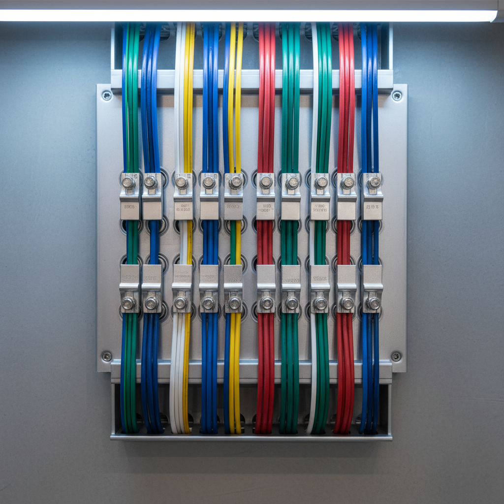 A close-up of intricately arranged high-end electrical wiring with color-coded, insulated copper wires neatly organized within a premium junction box, surrounded by glossy ceramic insulators and custom industrial fastenings. The background features a smooth, muted concrete wall with no visible clutter, underscoring precision installation practices. Bright, cool-toned studio lighting casts soft reflections on the wire sheathing while highlighting the orderliness of each component. The mood is calm and methodical, focusing on craftsmanship and attention to detail. Captured in a centered composition with moderate depth of field to emphasize the crisp textures of the materials, the style is modern, clean, and adheres to a professional, corporate look.